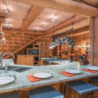 mountain village vacation rental yellow brick cabin breakfast bar