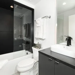 telluride downtown modern creekside guest bath in hallway