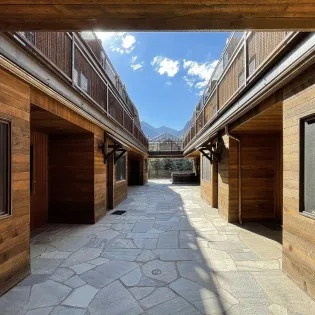 telluride downtown modern creekside courtyard