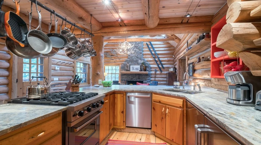 mountain village vacation rental yellow brick cabin kitchen